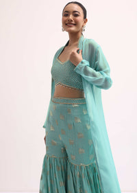 Sky Blue Embroidered Sharara Set With Jacket