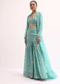 Sky Blue Embroidered Sharara Set With Jacket