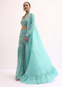 Sky Blue Embroidered Sharara Set With Jacket