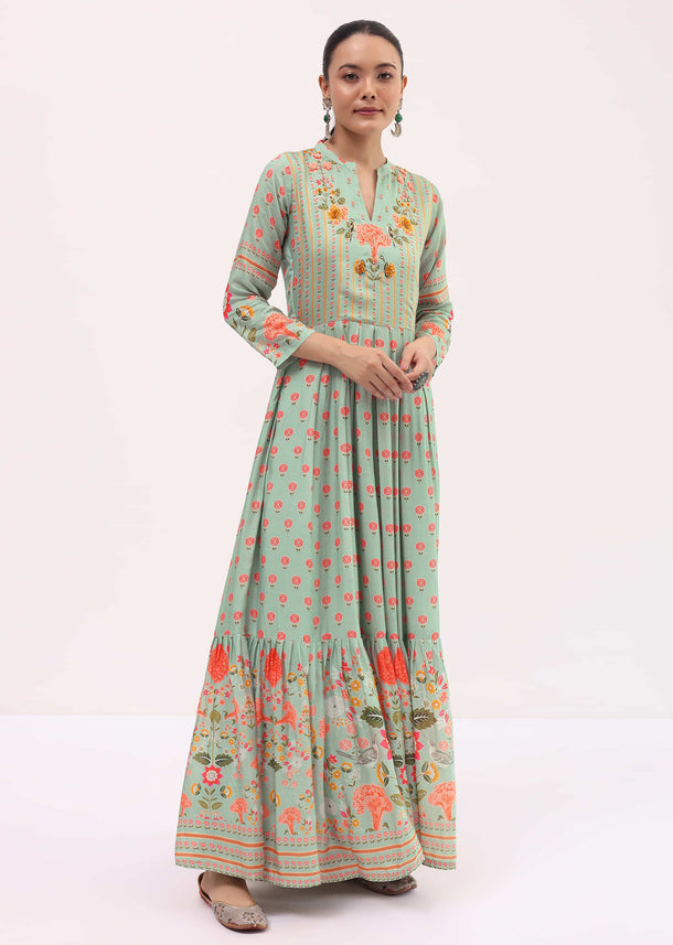 Sky Blue Embroidered Silk Long Kurti