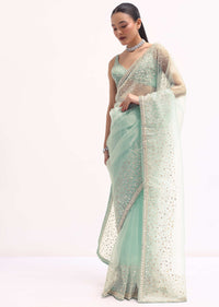 Sky Blue Embroidered Tissue Saree With Unstitched Blouse