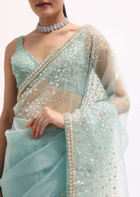 Sky Blue Embroidered Tissue Saree With Unstitched Blouse