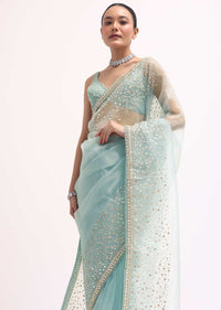 Sky Blue Embroidered Tissue Saree With Unstitched Blouse