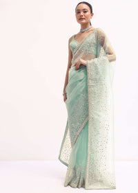 Sky Blue Embroidered Tissue Saree With Unstitched Blouse