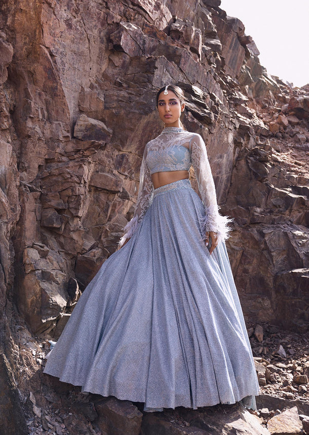 Sky Blue Feather Sleeve Blouse With Gathered Skirt