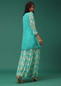 Sky Blue Floral Printed Kurti Palazzo Set In Georgette With Embroidered Organza Shrug