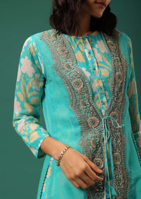 Sky Blue Floral Printed Kurti Palazzo Set In Georgette With Embroidered Organza Shrug