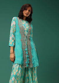 Sky Blue Floral Printed Kurti Palazzo Set In Georgette With Embroidered Organza Shrug