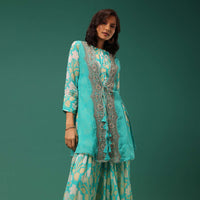 Sky Blue Floral Printed Kurti Palazzo Set In Georgette With Embroidered Organza Shrug