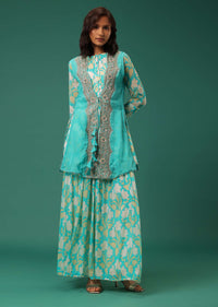 Sky Blue Floral Printed Kurti Palazzo Set In Georgette With Embroidered Organza Shrug