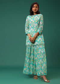 Sky Blue Floral Printed Kurti Palazzo Set In Georgette With Embroidered Organza Shrug