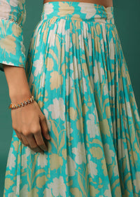 Sky Blue Floral Printed Kurti Palazzo Set In Georgette With Embroidered Organza Shrug