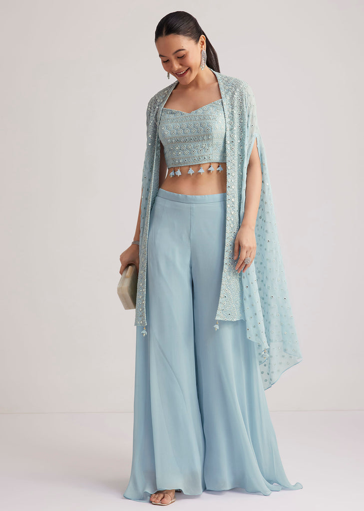 Sky Blue Georgette Palazzo Set With Embroidered Cape