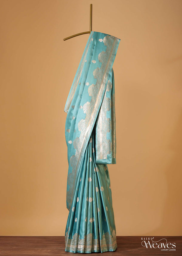 Sky Blue Handloom Banarasi Saree In Satin Crepe With Gold Zari Weave And Unstitched Blouse