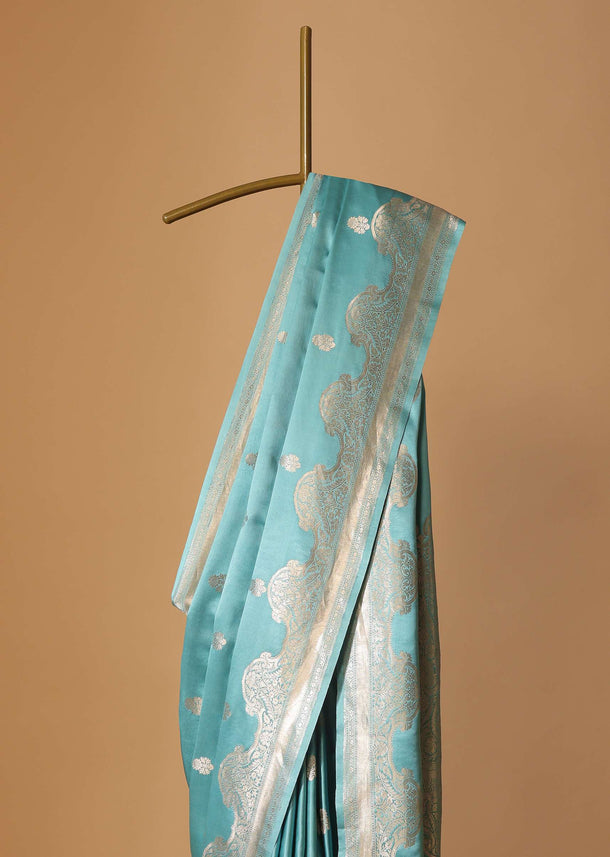 Sky Blue Handloom Banarasi Saree In Satin Crepe With Gold Zari Weave And Unstitched Blouse