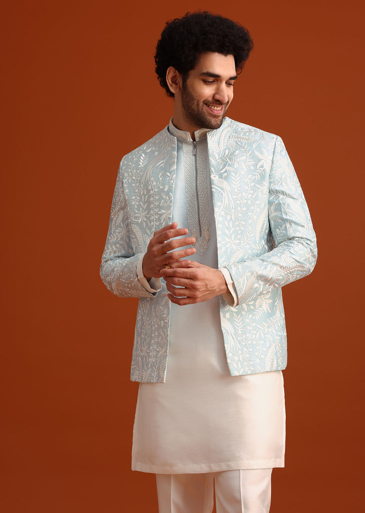 Sky Blue Indo-Western And Kurta Set In Silk With French Knots