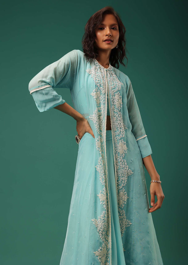 Sky Blue Indowestern Lehenga Set In Georgette With Embroidered Jacket