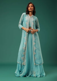 Sky Blue Indowestern Lehenga Set In Georgette With Embroidered Jacket