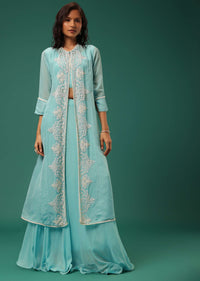 Sky Blue Indowestern Lehenga Set In Georgette With Embroidered Jacket