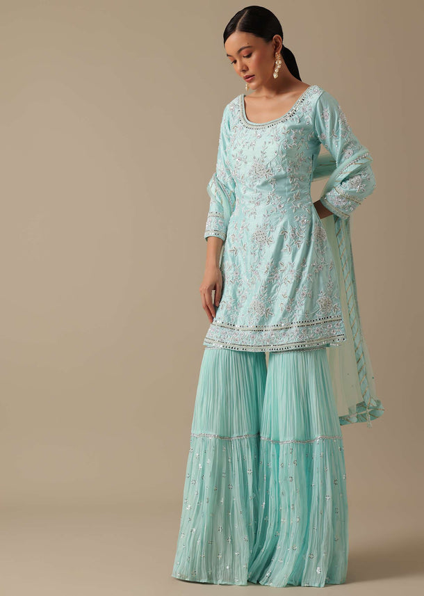 Sky Blue Kurta Sharara Set With Pearl Embellishments