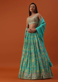 Sky Blue Lehenga And Blouse In Chinon With Floral Work