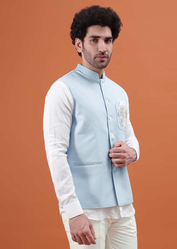 Sky Blue Linen Kurta And Embroidered Jacket For Men