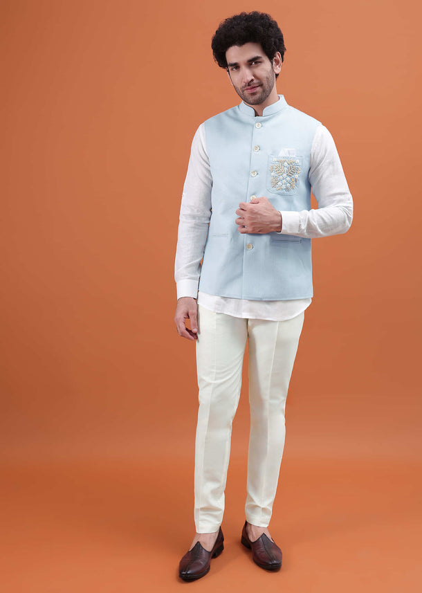 Sky Blue Linen Kurta And Embroidered Jacket For Men