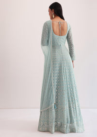 Sky Blue Lucknowi Embroidered Anarkali Set