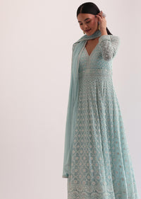 Sky Blue Lucknowi Embroidered Anarkali Set