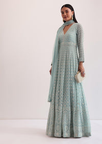 Sky Blue Lucknowi Embroidered Anarkali Set