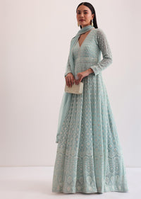 Sky Blue Lucknowi Embroidered Anarkali Set