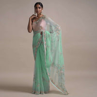 Sky Blue Saree In Organza Adorned With 3D Net Flowers And Thread Embellished Floral Pattern Online - Kalki Fashion