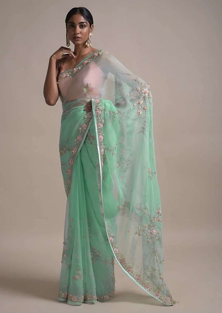 Sky Blue Saree In Organza Adorned With 3D Net Flowers And Thread Embellished Floral Pattern Online - Kalki Fashion