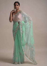 Sky Blue Saree In Organza Adorned With 3D Net Flowers And Thread Embellished Floral Pattern Online - Kalki Fashion