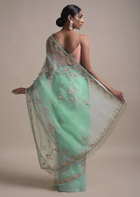 Sky Blue Saree In Organza Adorned With 3D Net Flowers And Thread Embellished Floral Pattern Online - Kalki Fashion