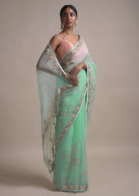 Sky Blue Saree In Organza Adorned With 3D Net Flowers And Thread Embellished Floral Pattern Online - Kalki Fashion