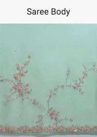 Sky Blue Saree In Organza Adorned With 3D Net Flowers And Thread Embellished Floral Pattern Online - Kalki Fashion