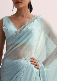 Sky Blue Saree With Cutdana Border And Unstitched Blouse