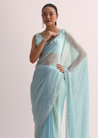 Sky Blue Saree With Cutdana Border And Unstitched Blouse