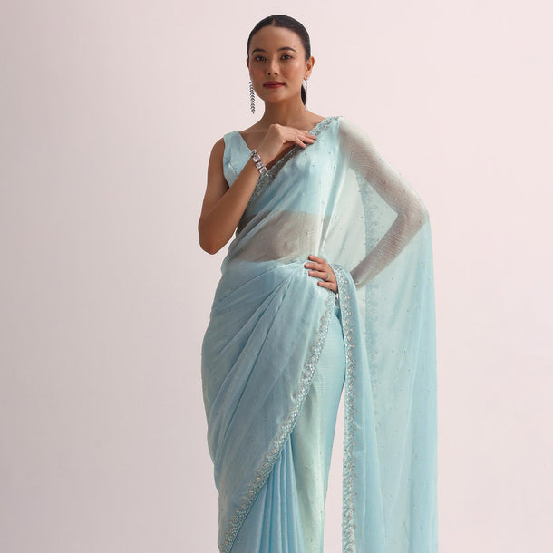 Sky Blue Saree With Cutdana Border And Unstitched Blouse