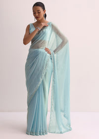 Sky Blue Saree With Cutdana Border And Unstitched Blouse