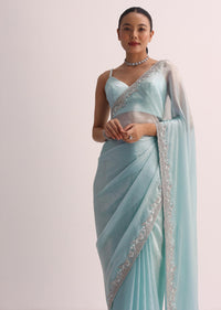 Sky Blue Saree WIth Embroidered Border And Unstitched Blouse