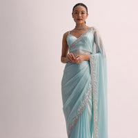 Sky Blue Saree WIth Embroidered Border And Unstitched Blouse