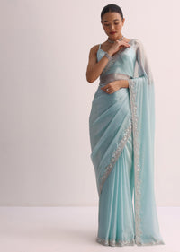 Sky Blue Saree WIth Embroidered Border And Unstitched Blouse