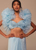 Sky Blue Saree With Organza Ruffle Blouse And Embroidered Belt