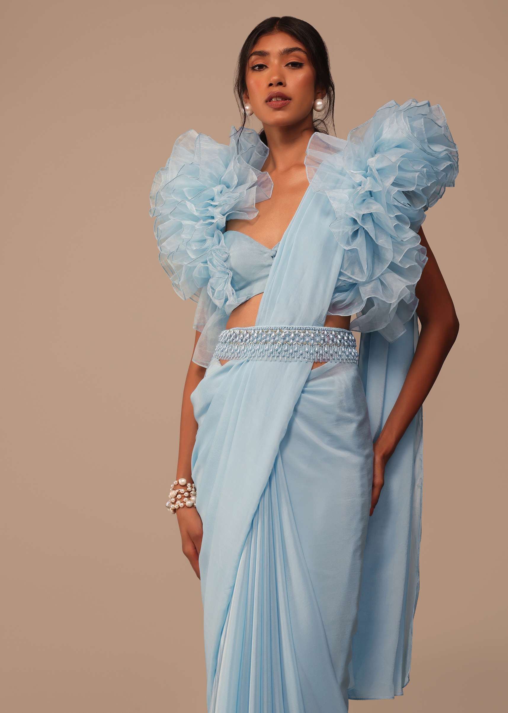 Sky Blue Saree With Organza Ruffle Blouse And Embroidered Belt