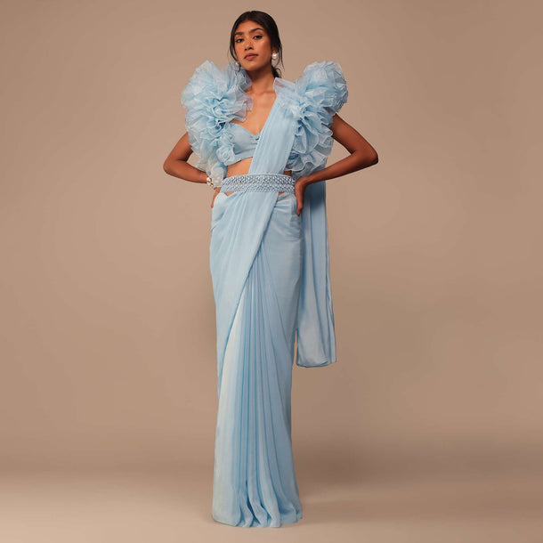 Sky Blue Saree With Organza Ruffle Blouse And Embroidered Belt