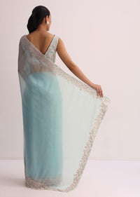 Sky Blue Saree With Resham Threadwork And Unstitched Blouse