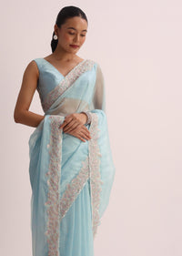 Sky Blue Saree With Resham Threadwork And Unstitched Blouse