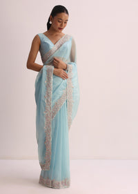 Sky Blue Saree With Resham Threadwork And Unstitched Blouse